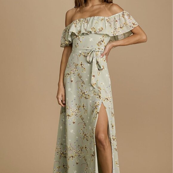 NWT Lulus Amazing Moment Mint Green Floral Print Off-the-Shoulder Dress - Picture 1 of 8